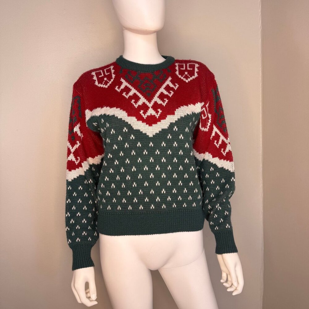 Vintage 1980s Red & Green Sweater, Country Suburbans Medium, 40s Style Christmas